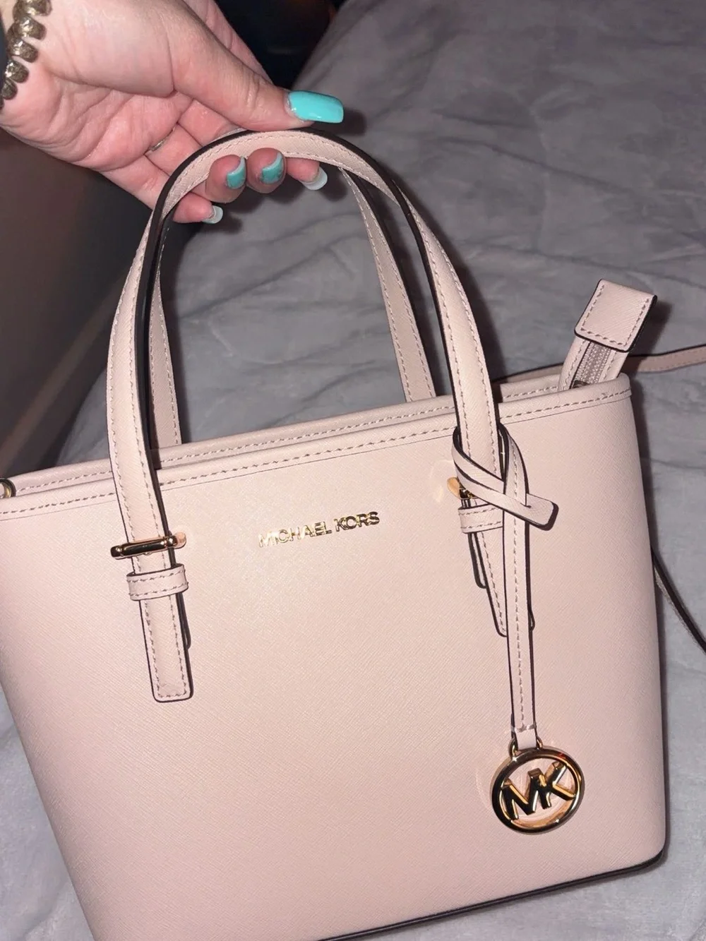 Michael Kors Blush Pink Leather Satchel with Gold MK Charm